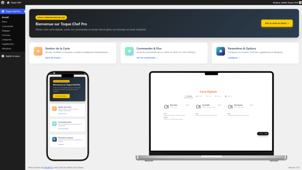 Création de site internet dans l'Hérault - Toque Chef, Exemple de l'interface client et administrateur de la carte digitale Toque Chef sur ordinateur et mobile.
